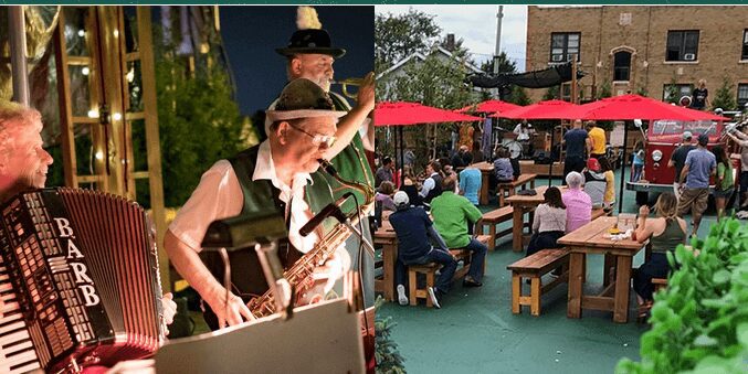 Musician playing saxophone at an outdoor event with a seated audience.