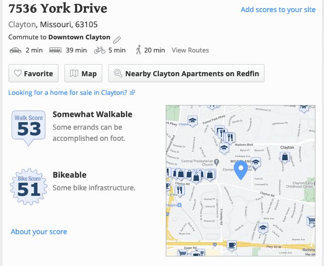 Apartment listing with walkability and bikeability scores in Clayton, Missouri.